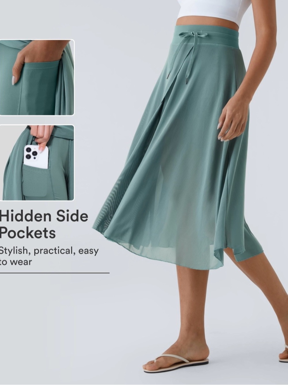 HALARA Teal Drawstring A-Line Midi Skirt with Hidden Pockets